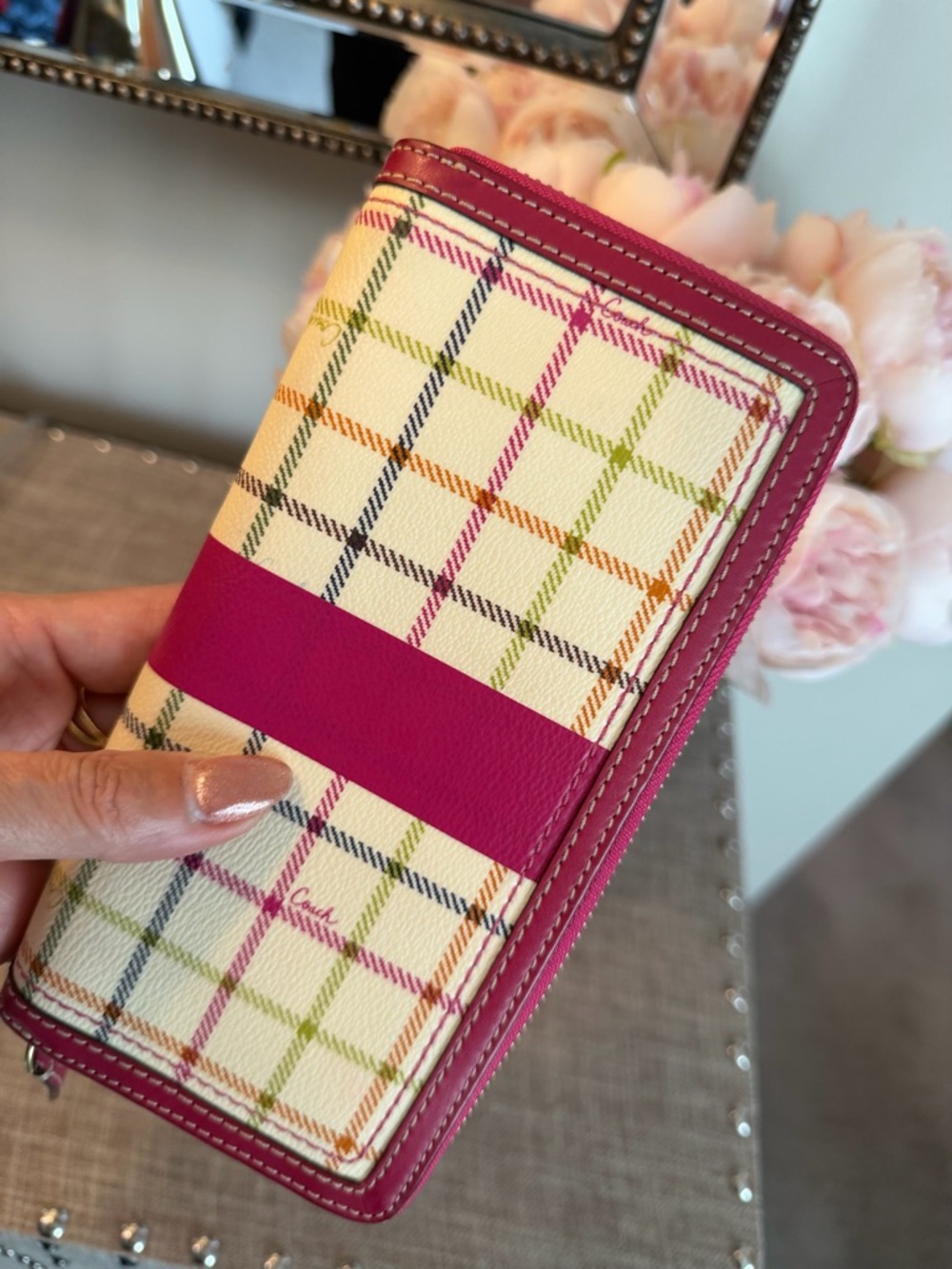 Coach Poppy Pink Plaid Zip-Around Wallet with Multicolor Checked Pattern - Picture 6 of 15